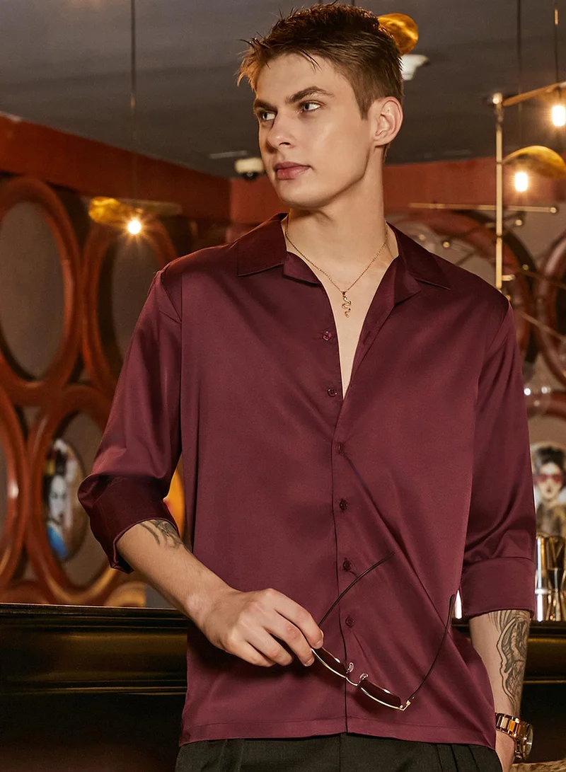 Campus Sutra Men's Burgundy Red Solid Cuban Shirt For Casual Wear | Cuban Collar | Long Cuffed Sleeves | Button Closure | Shirt Crafted With Comfort Fit For Everyday Wear